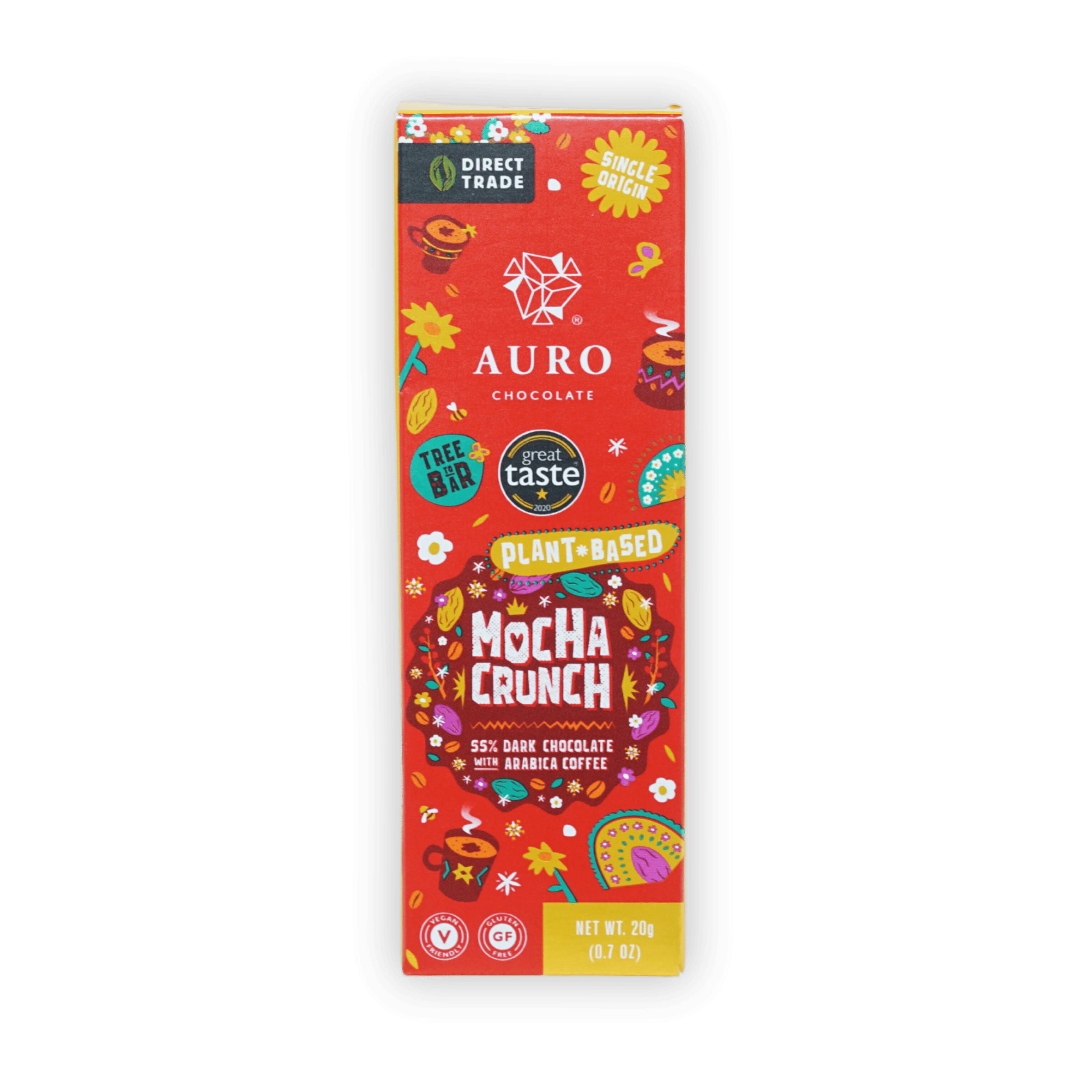 Auro Mini Chocolate Bar Mocha Crunch 55% red package with floral coffee art