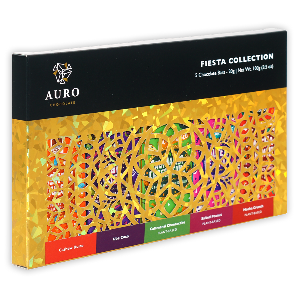 Auro Fiesta Collection gift pack with 5 colorful plant-based mini bars in gold foil box