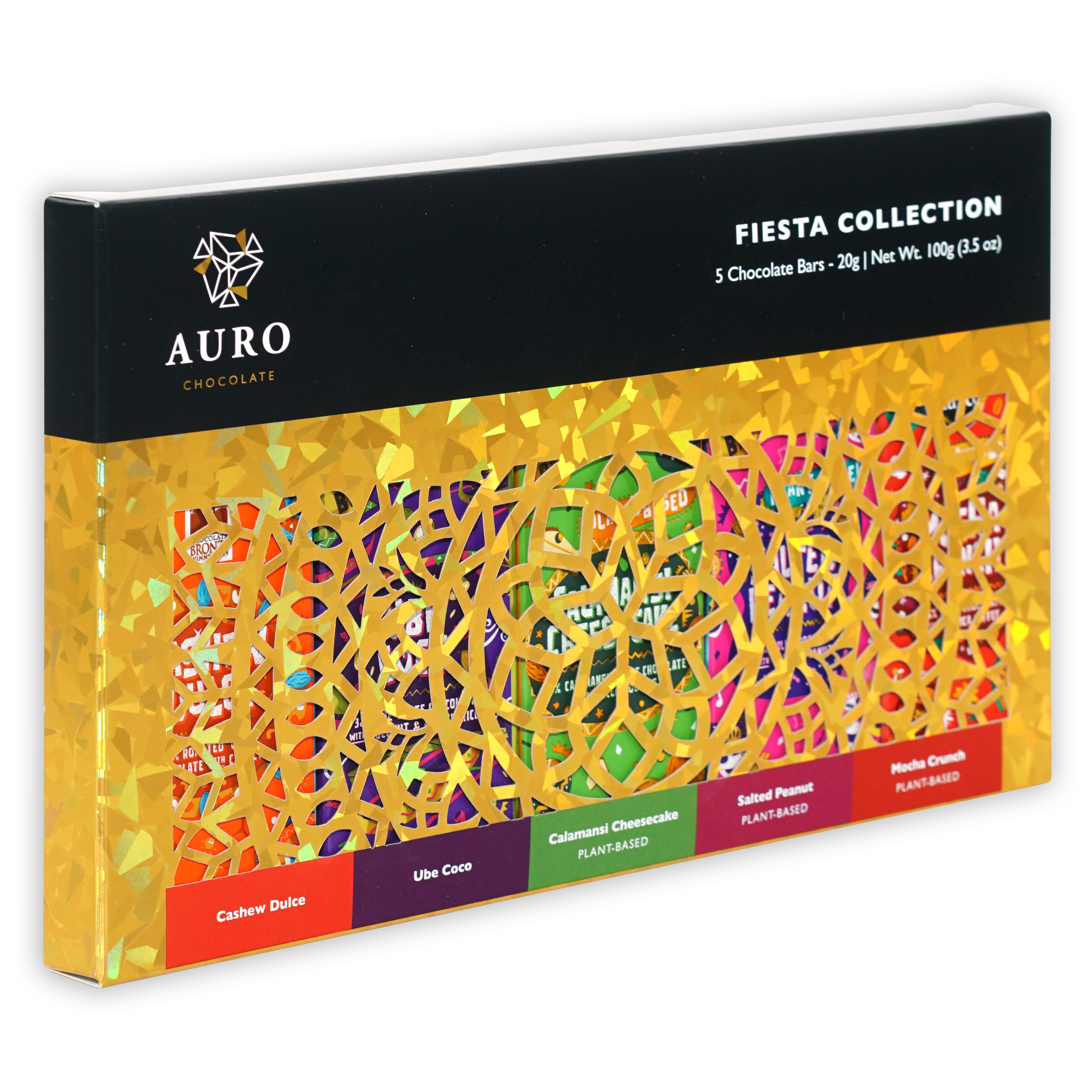 Auro Fiesta Collection gift pack with 5 colorful plant-based mini bars in gold foil box