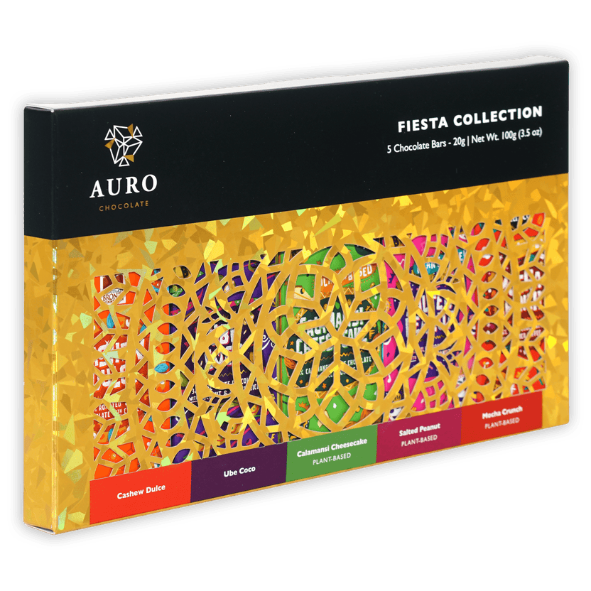 Auro Fiesta Collection gift pack with 5 colorful plant-based mini bars in gold foil box