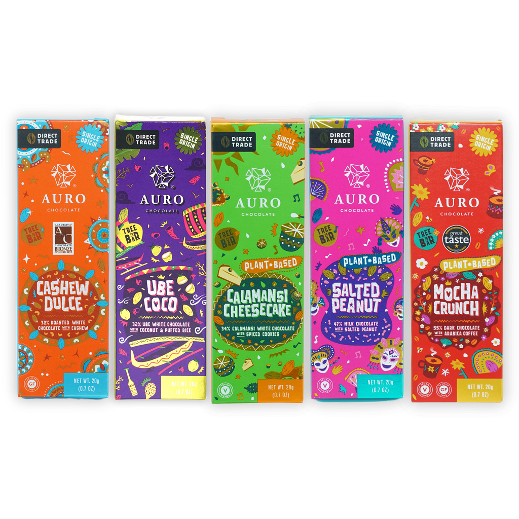 Auro Fiesta Collection gift pack with 5 colorful mini chocolate bars