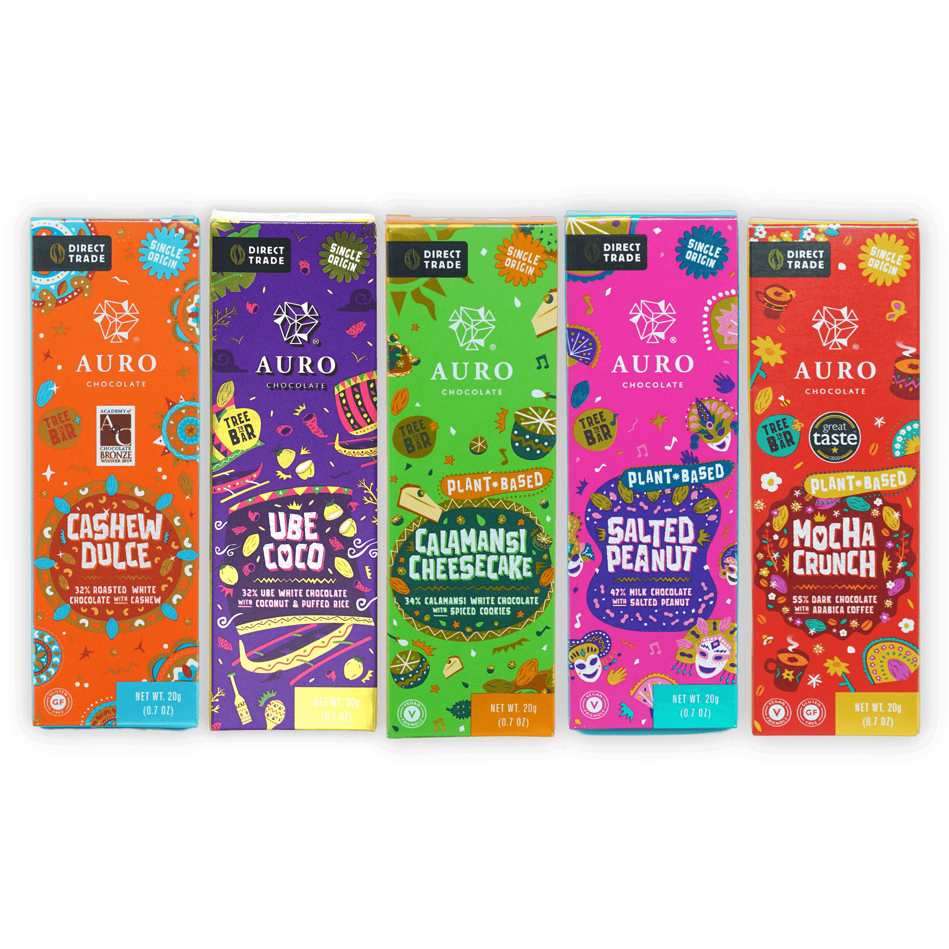 Auro Fiesta Collection gift pack with 5 colorful mini chocolate bars