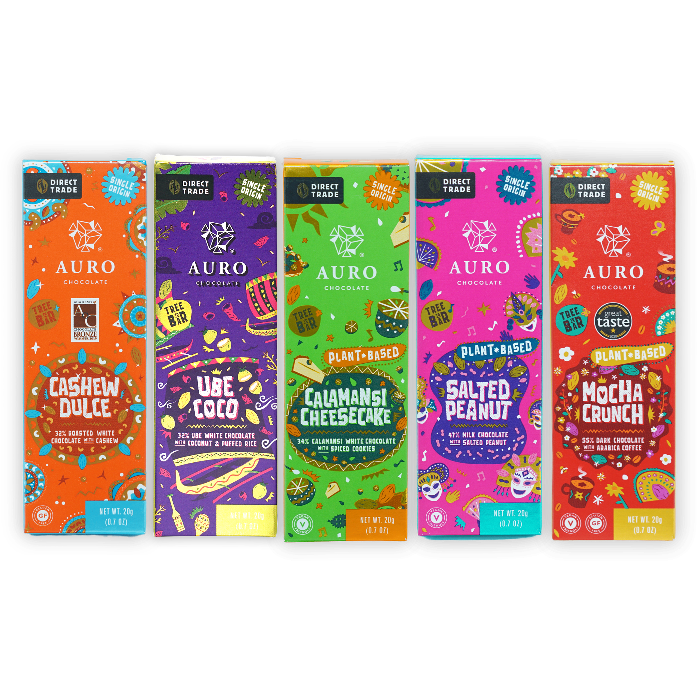 Auro Fiesta Collection gift pack with 5 colorful mini chocolate bars