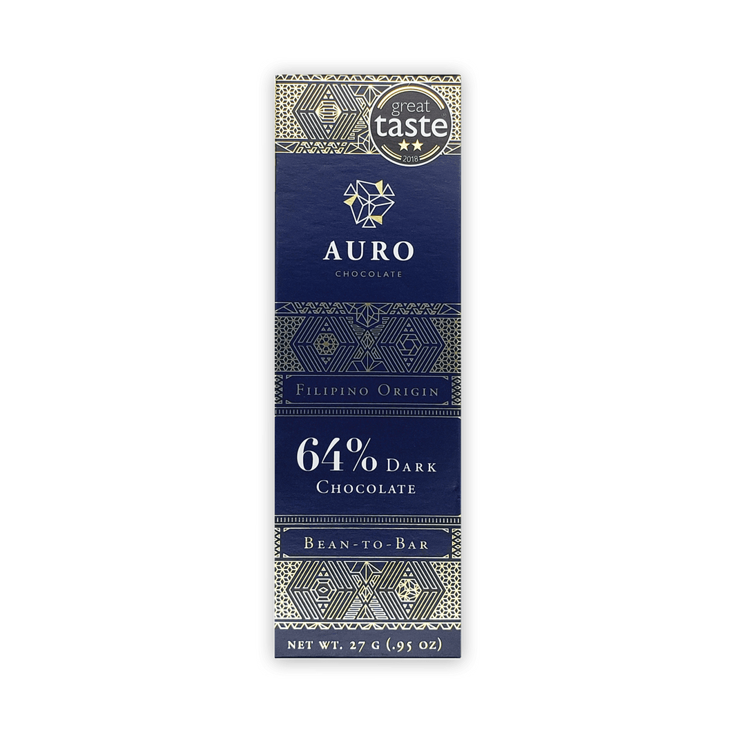 Auro Mini Chocolate Bar Dark 64% in navy blue gold foil wrapper