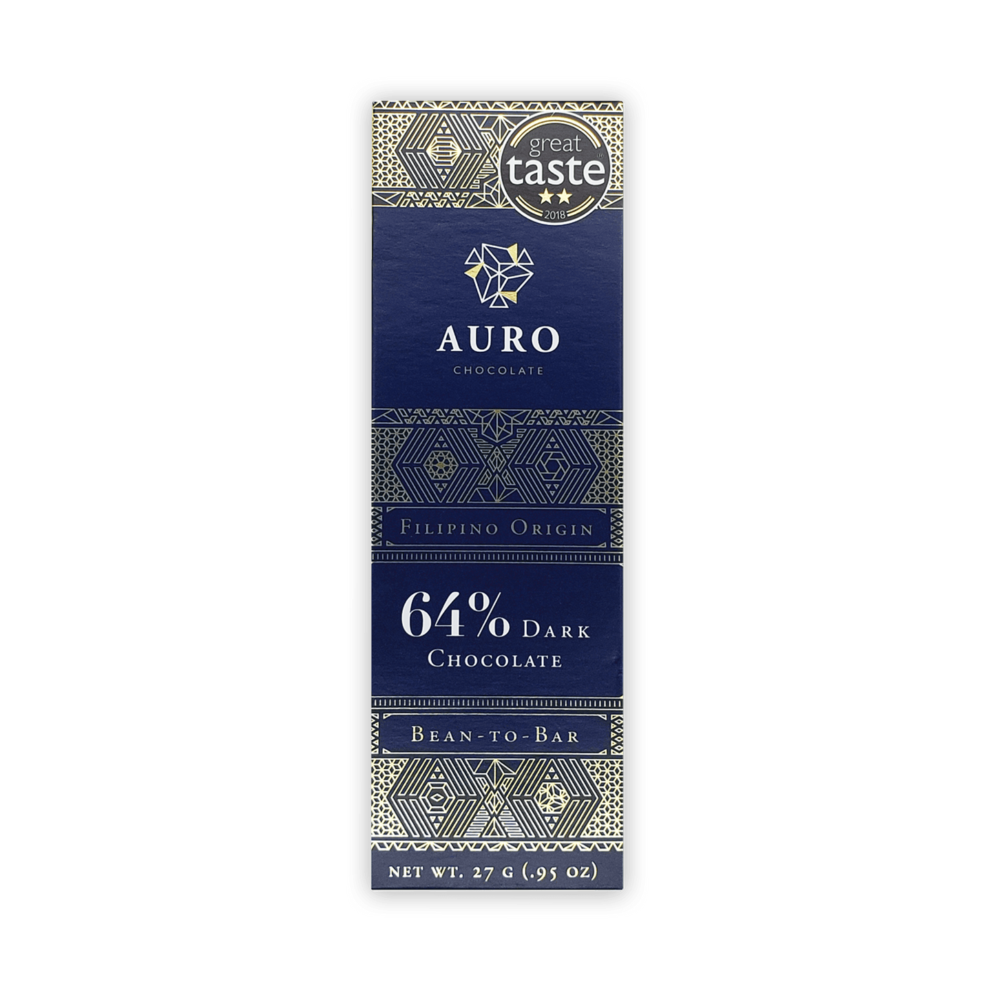 Auro Mini Chocolate Bar Dark 64% in navy blue gold foil wrapper