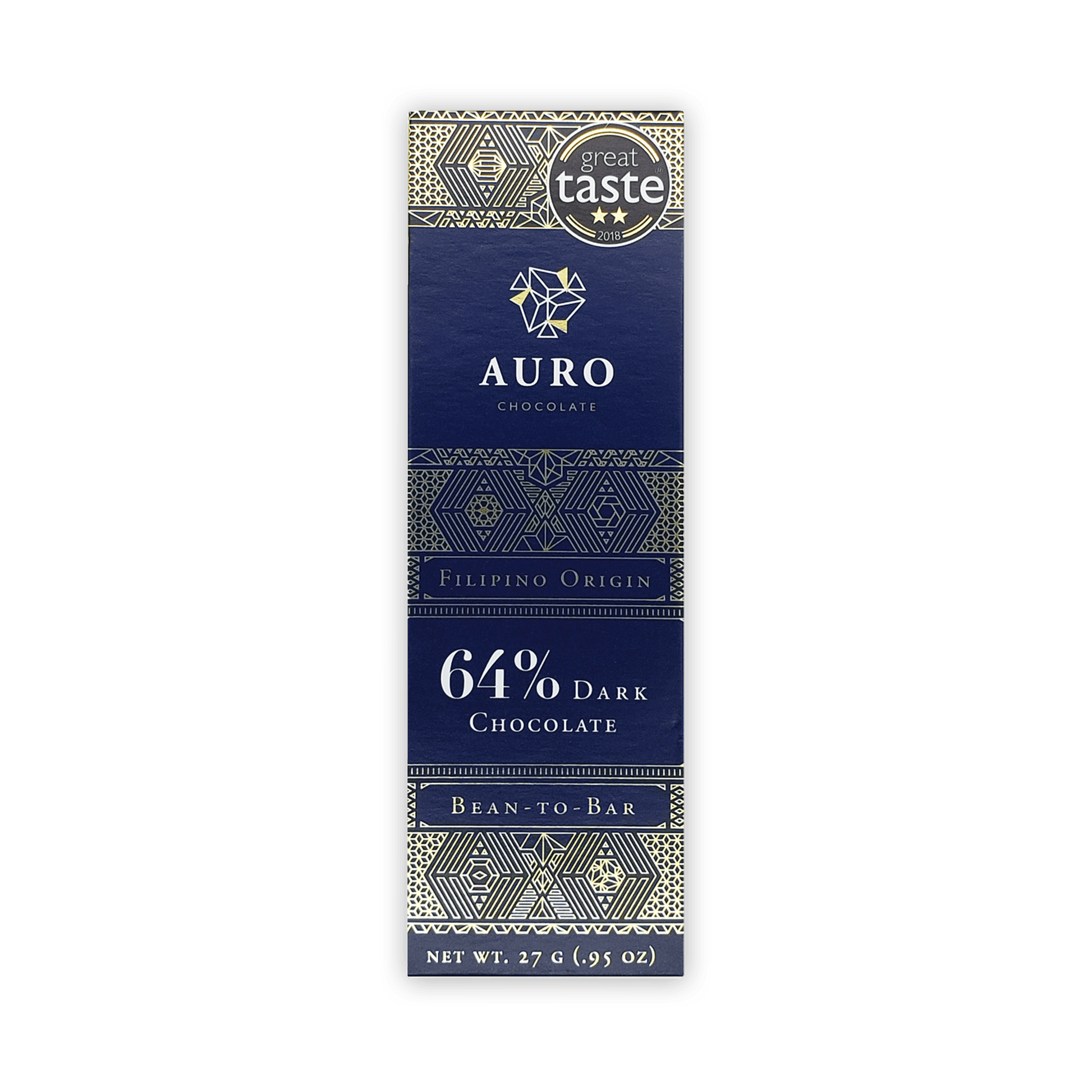Auro Mini Chocolate Bar Dark 64% in navy blue gold foil wrapper