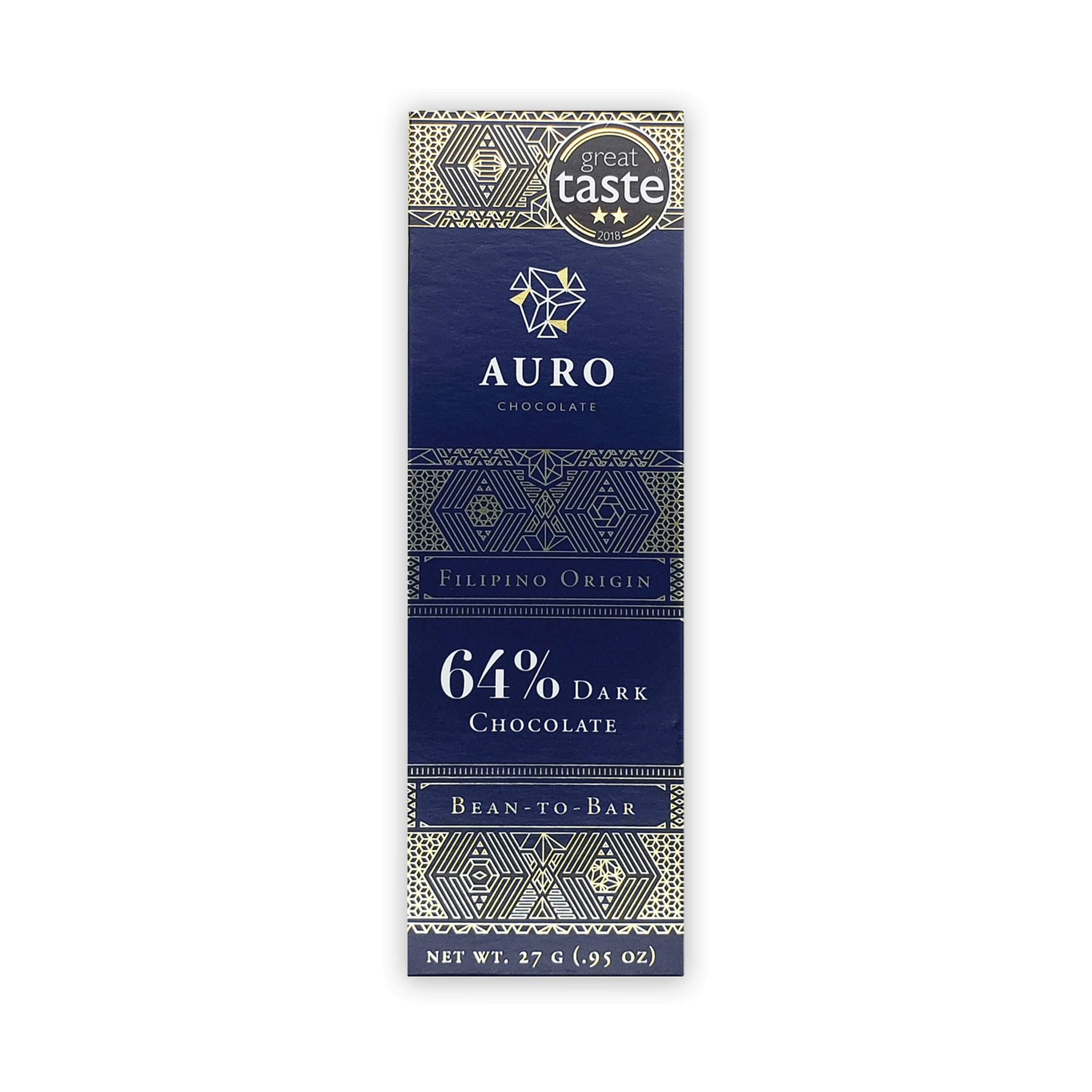 Auro Mini Chocolate Bar Dark 64% in navy blue gold foil wrapper