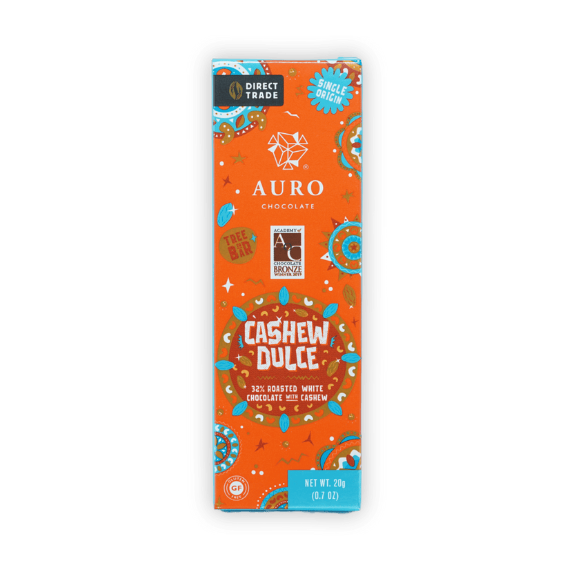 Auro Mini Chocolate Bar Cashew Dulce 32% with orange packaging