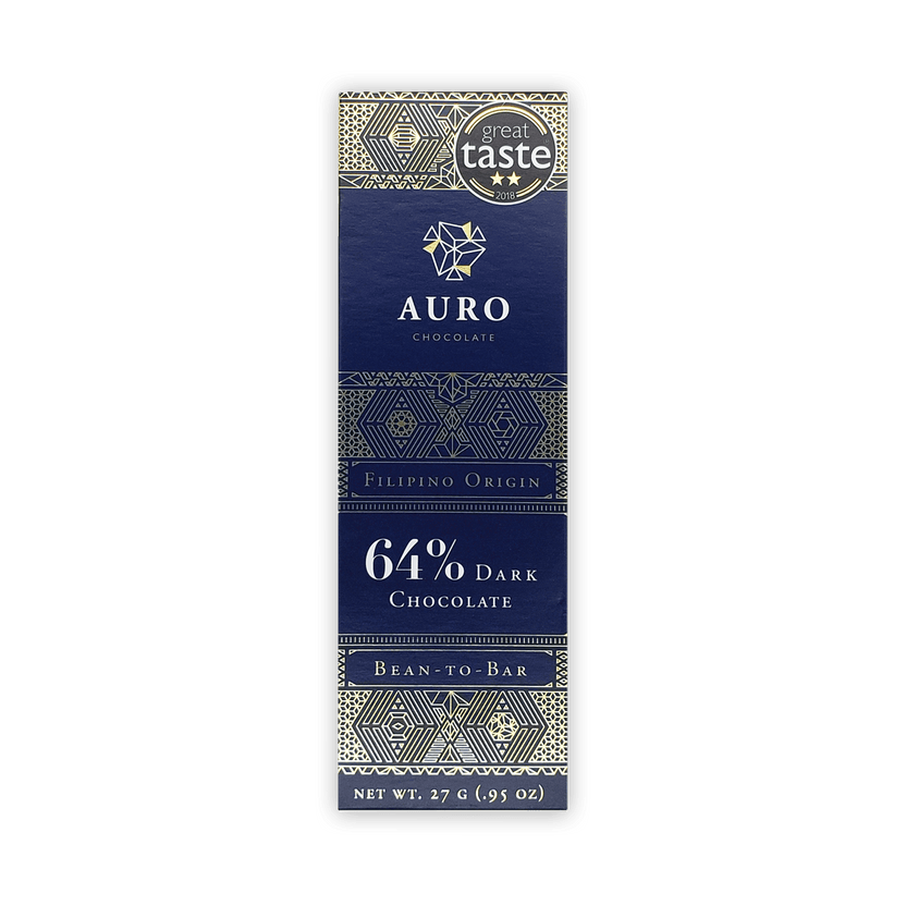 Auro Mini Chocolate Bar Dark 64% in navy blue gold foil wrapper