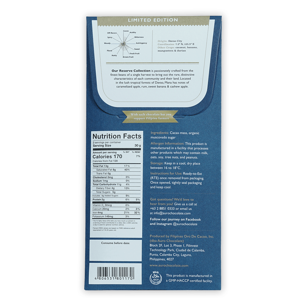 Auro Reserve Mana Single Estate 85% blue wrapper with Davao cocoa blend