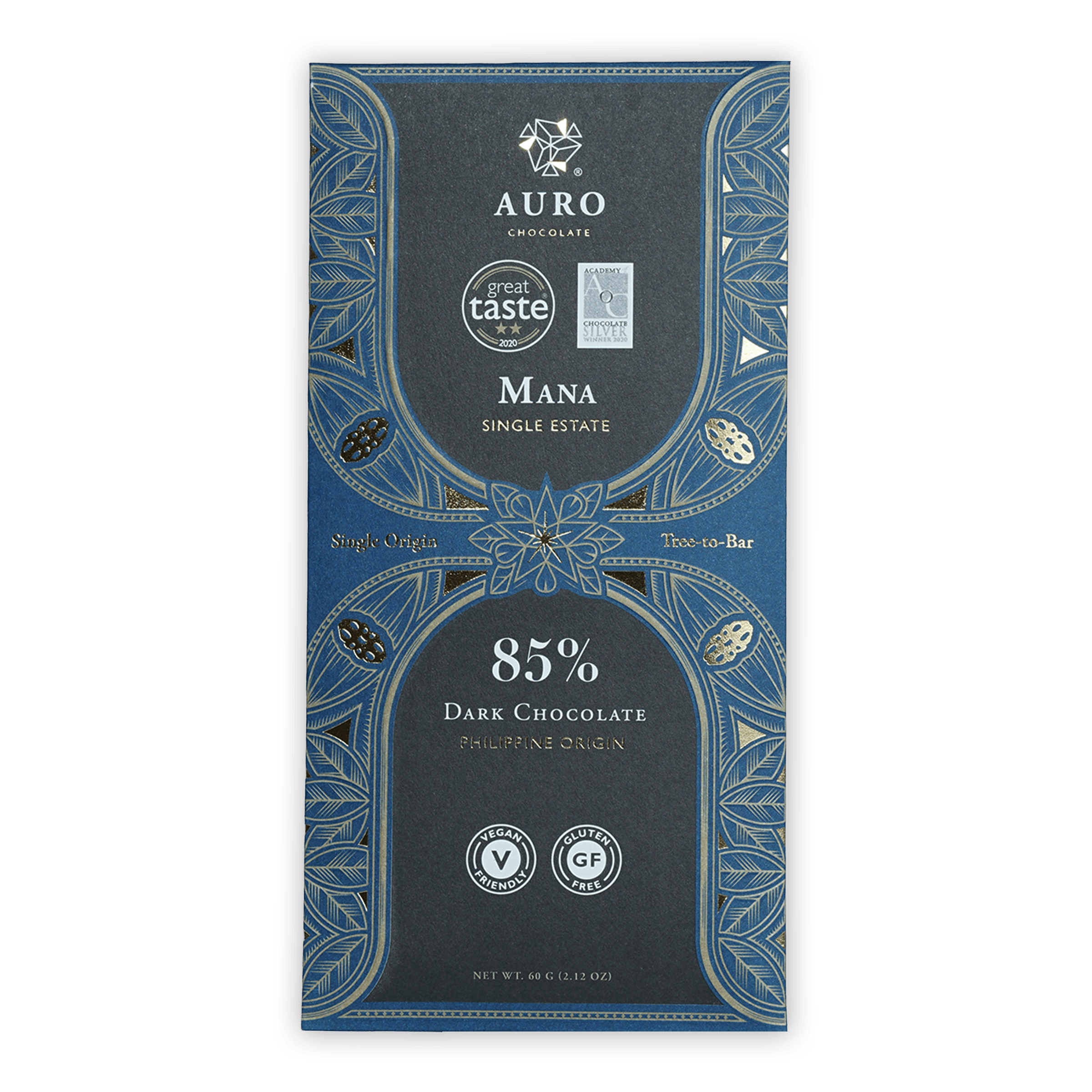Auro Reserve Mana Single Estate 85% dark chocolate bar in blue silver leaf foil