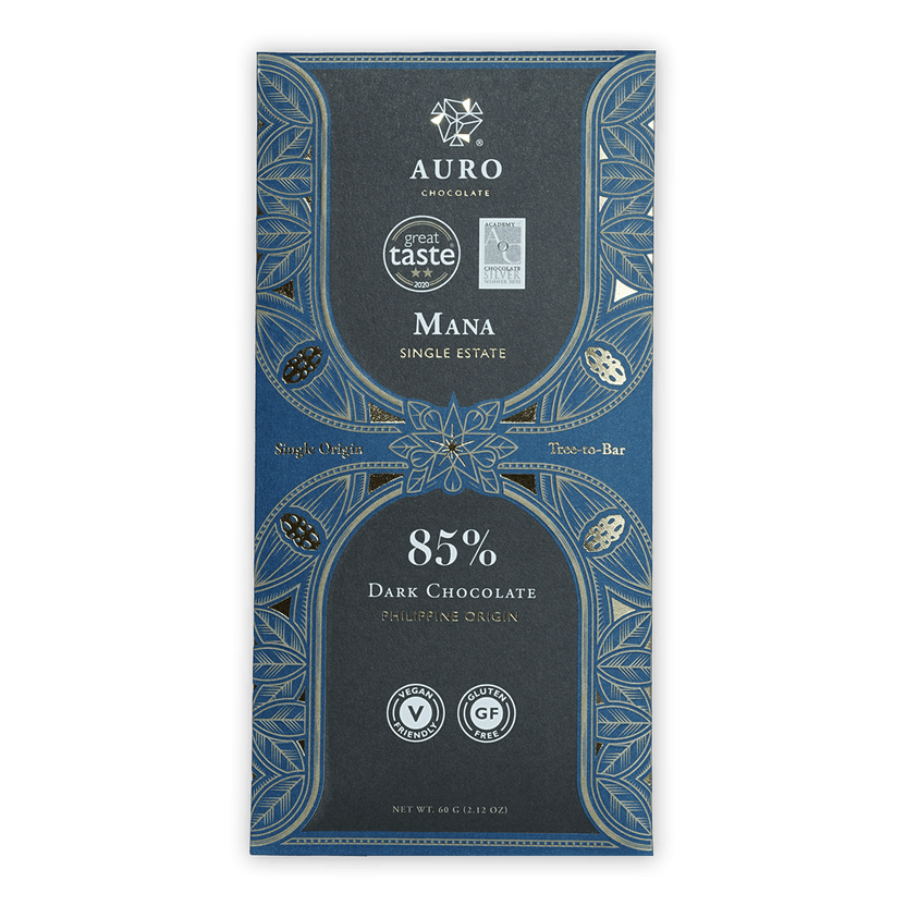 Auro Reserve Mana Single Estate 85% dark chocolate bar in blue silver leaf foil