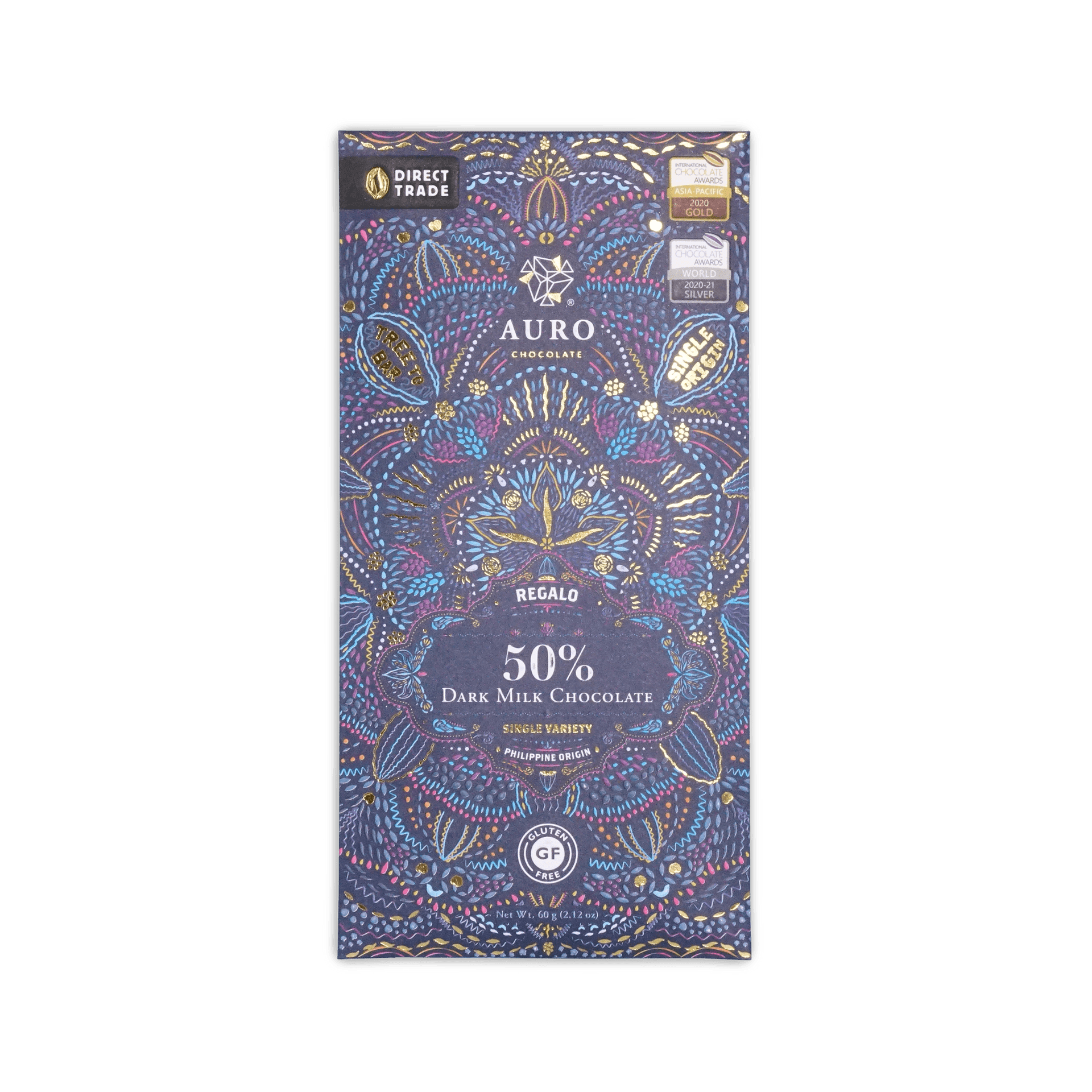 Auro Chocolate Regalo bar, dark blue box with colorful folk pattern, marked 50% Dark Milk Chocolate, Philippine origin.