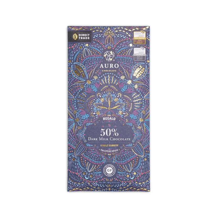 Auro Chocolate Regalo bar, dark blue box with colorful folk pattern, marked 50% Dark Milk Chocolate, Philippine origin.