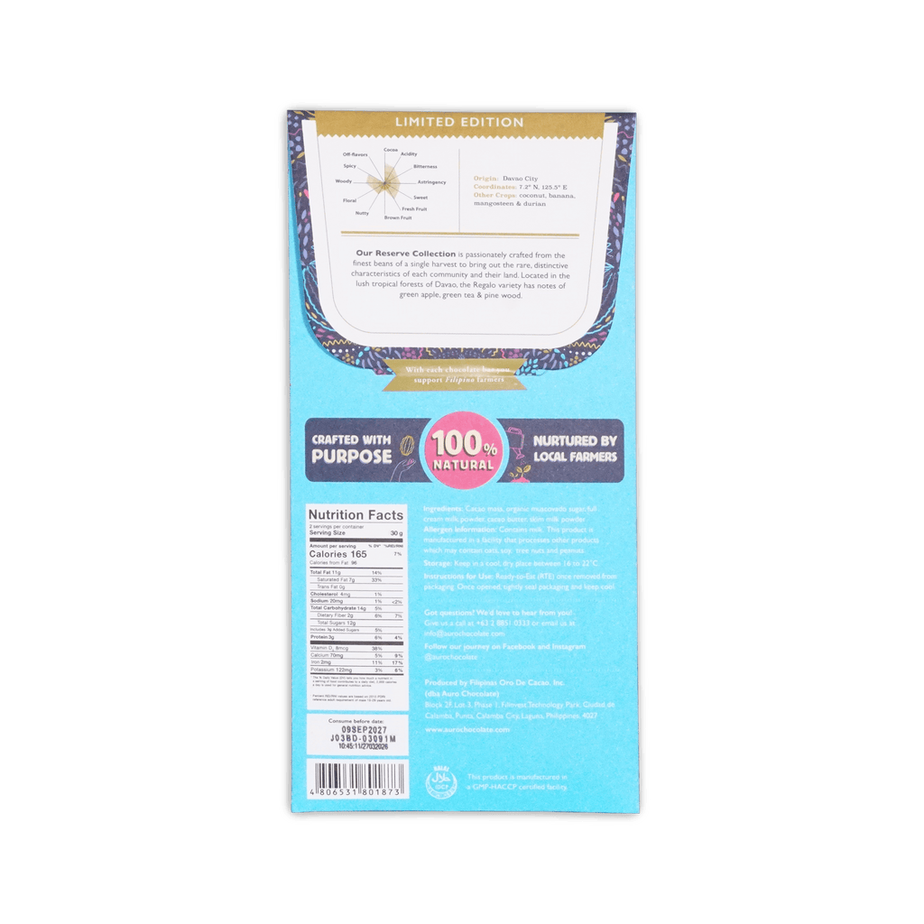Back of Auro Regalo box, teal panel with flavor wheel, Davao origin, nutrition facts and barcode.