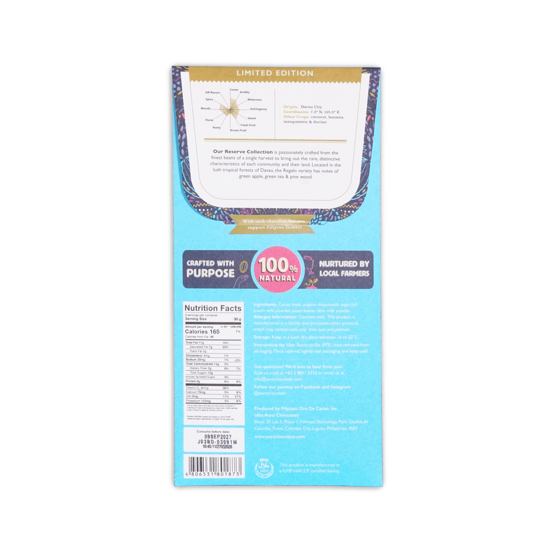 Back of Auro Regalo box, teal panel with flavor wheel, Davao origin, nutrition facts and barcode.