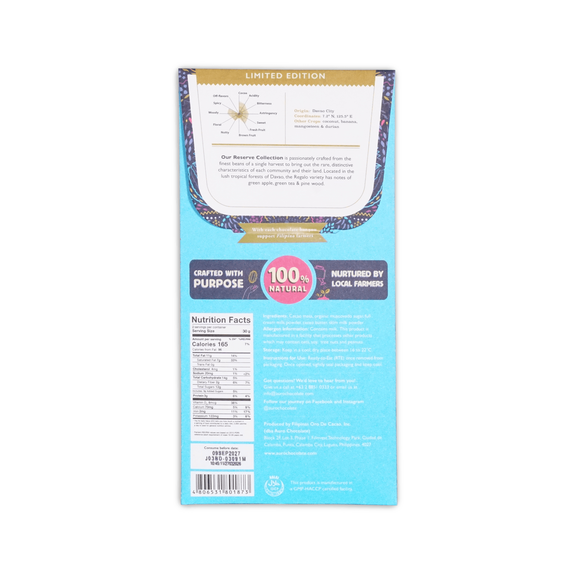 Back of Auro Regalo box, teal panel with flavor wheel, Davao origin, nutrition facts and barcode.