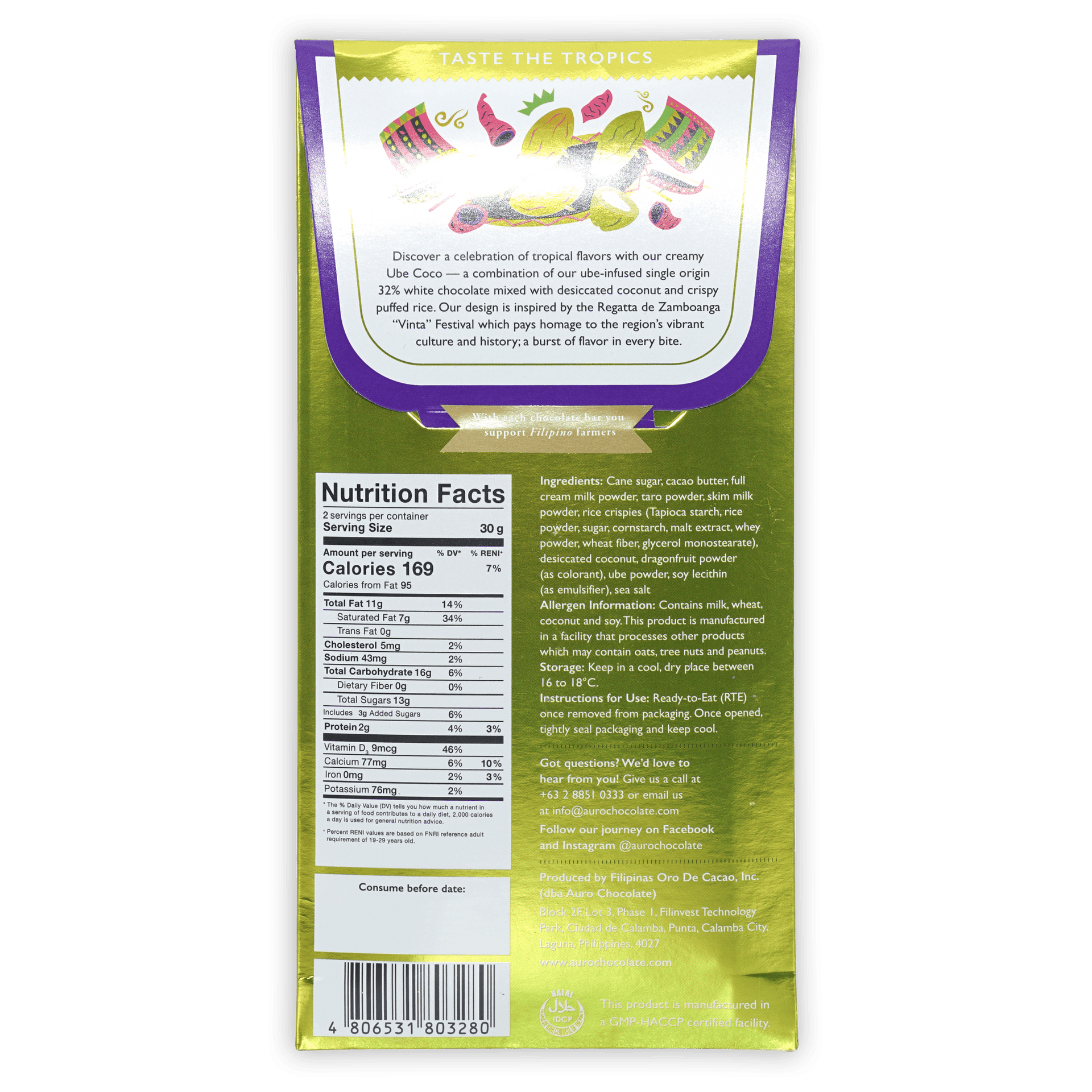Back of Auro Ube White Chocolate bar with coconut, puffed rice, tropical fruits