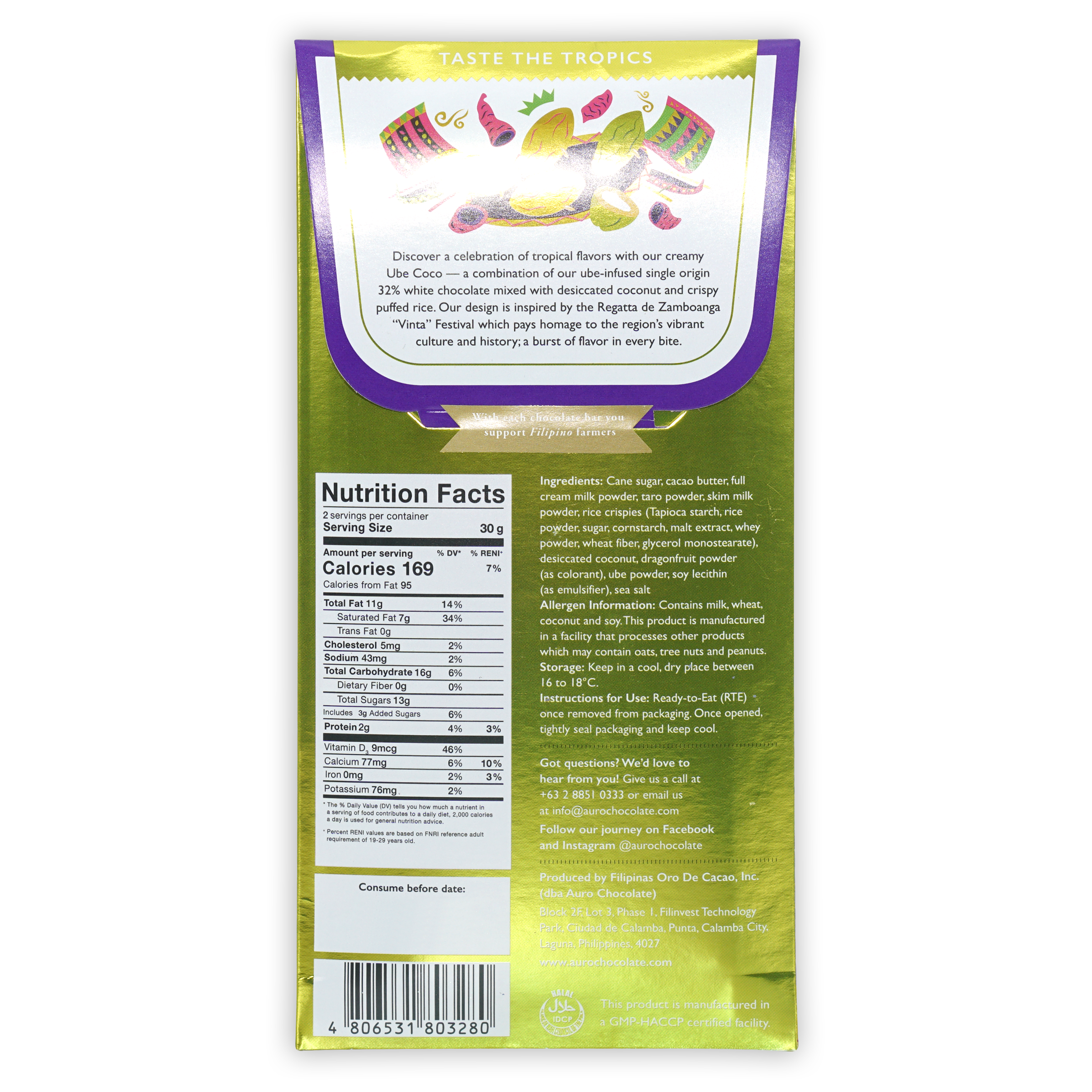 Back of Auro Ube White Chocolate bar with coconut, puffed rice, tropical fruits
