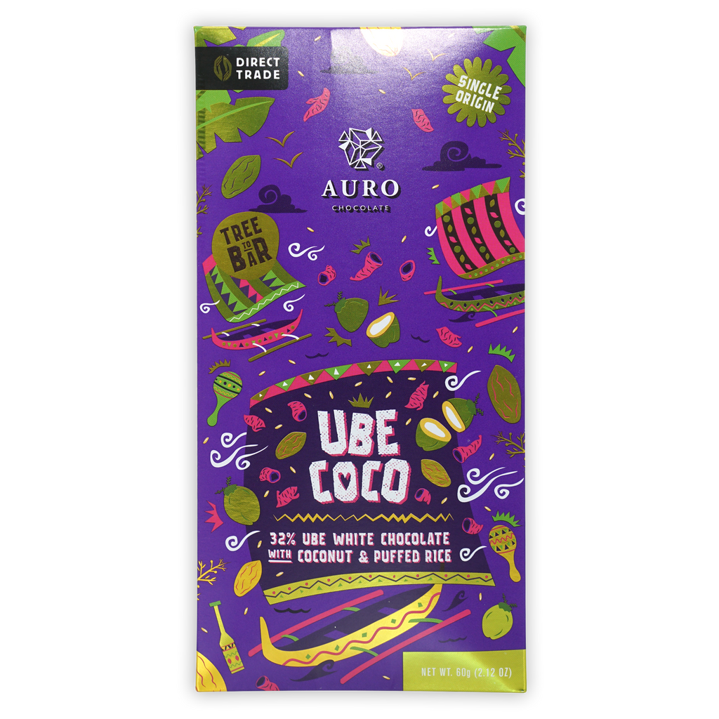 Auro Ube Coco purple chocolate bar with tropical fruits and motifs
