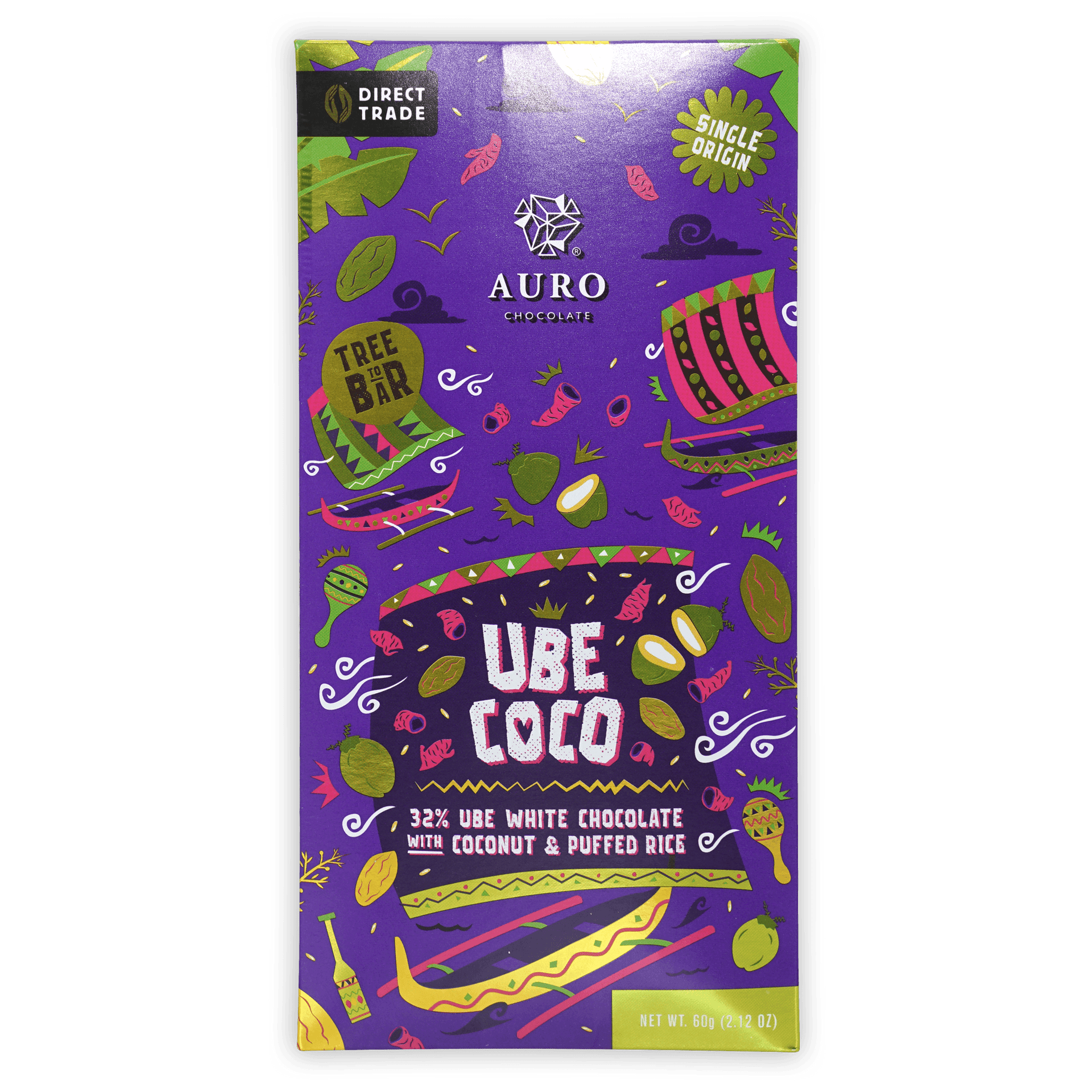Auro Ube Coco purple chocolate bar with tropical fruits and motifs