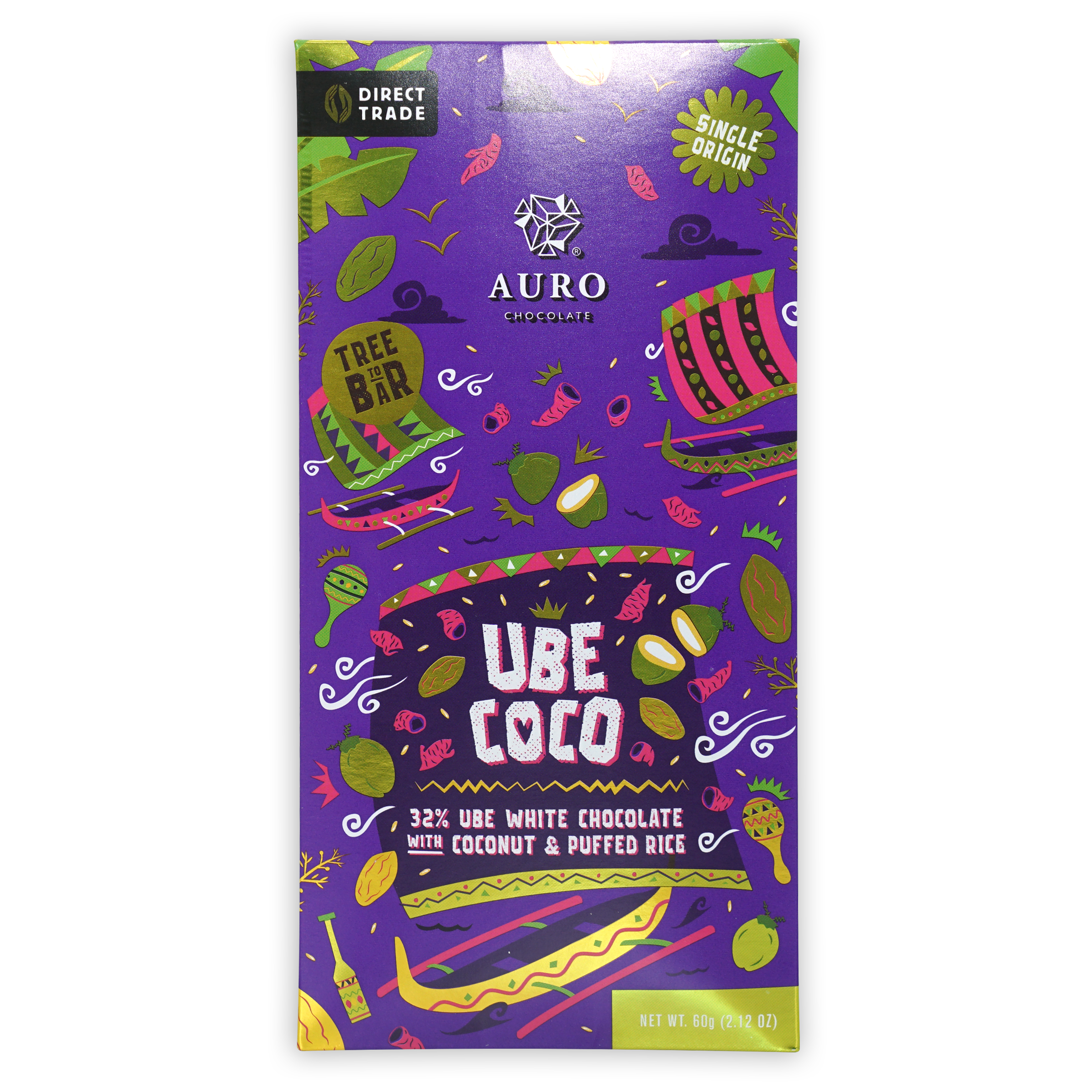 Auro Ube Coco purple chocolate bar with tropical fruits and motifs