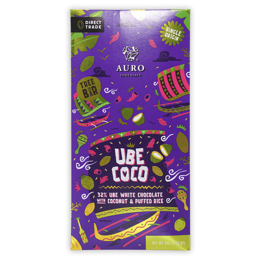 Auro Ube Coco purple chocolate bar with tropical fruits and motifs