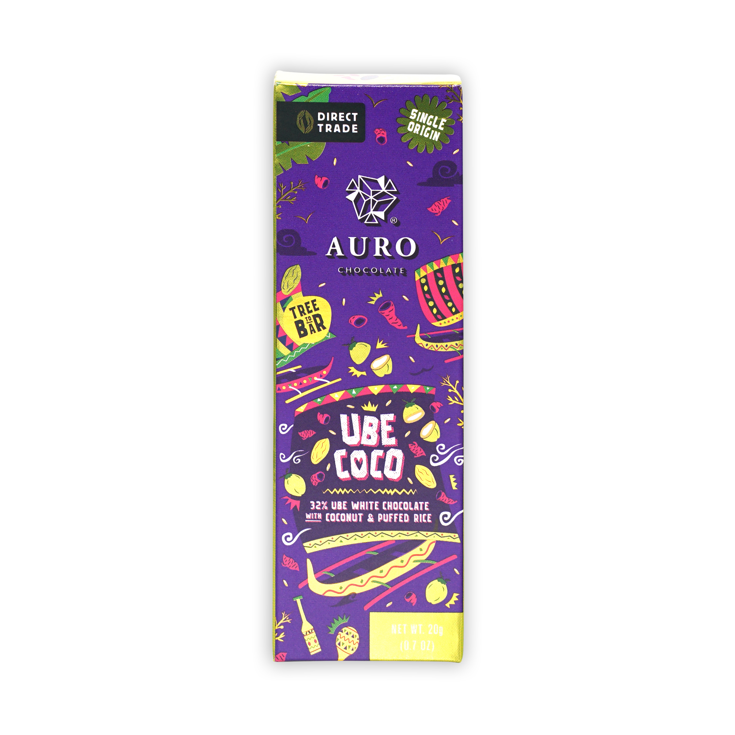Auro Mini Chocolate Bar Ube White Coco 32% vibrant purple with ube coco design