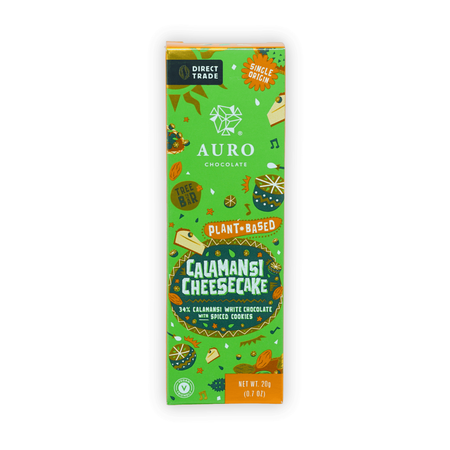 Auro mini chocolate bar calamansi cheesecake 34% with plant-based label