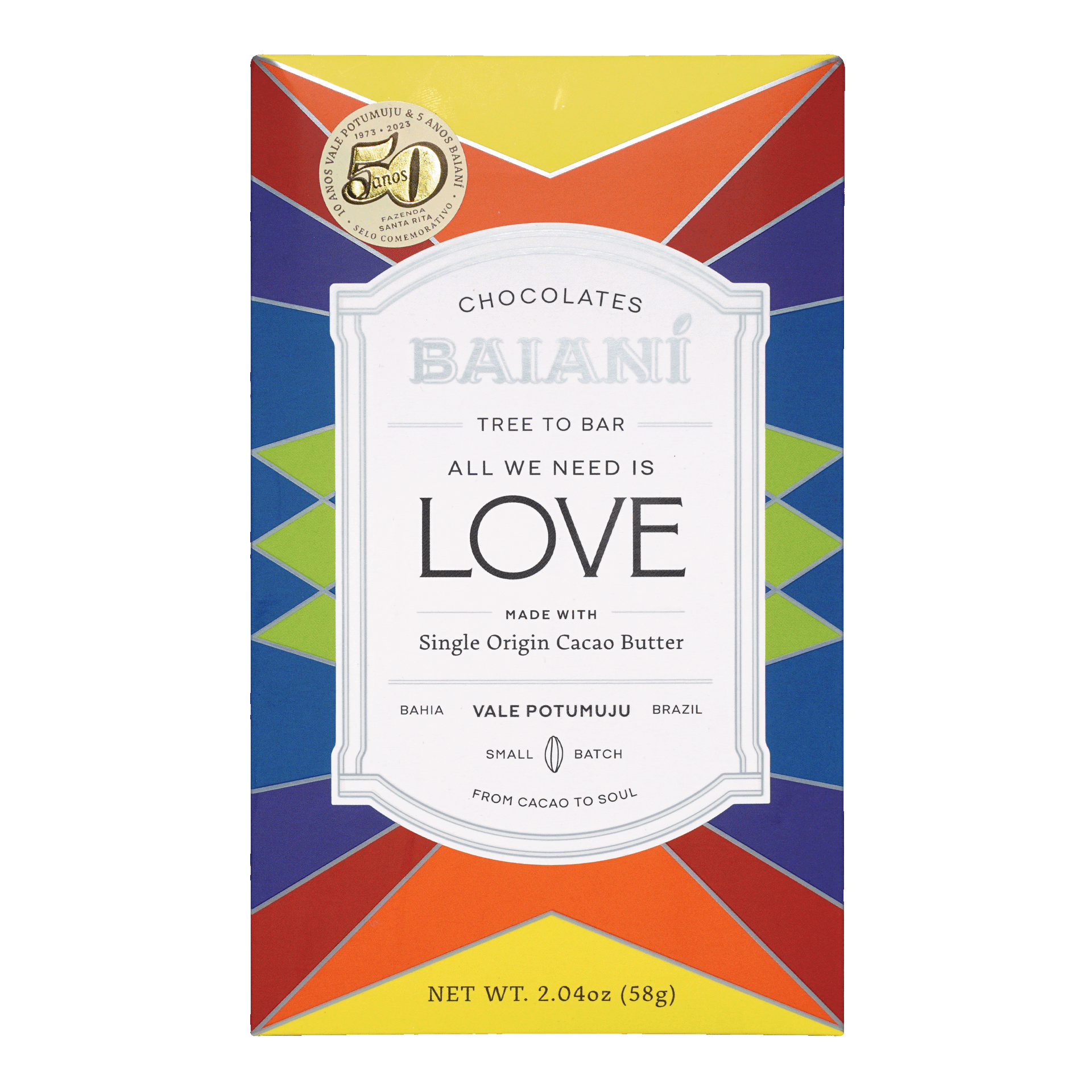 Baiani All We Need Is Love white rice crispies chocolates box with rainbow geometric pattern