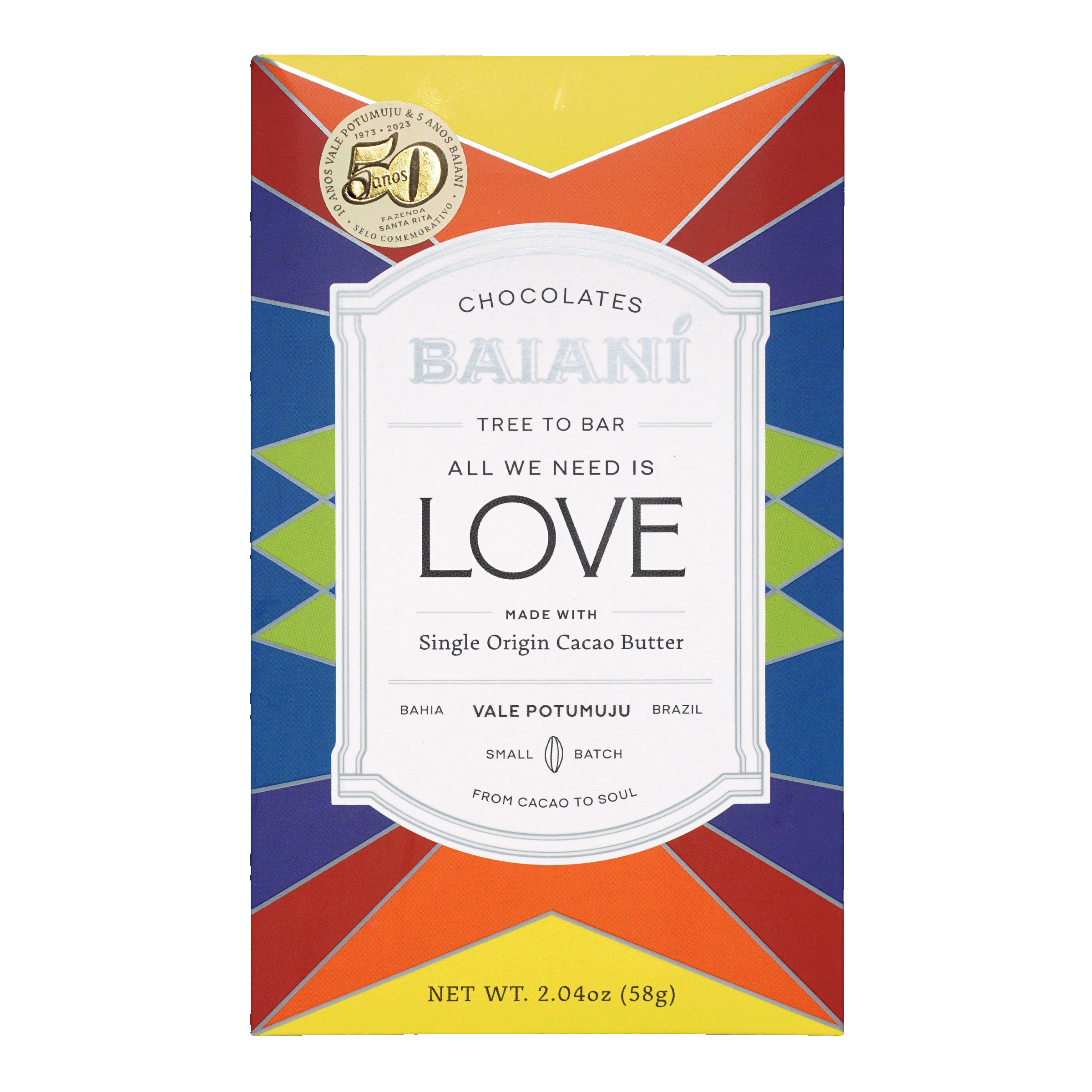 Baiani All We Need Is Love white rice crispies chocolates box with rainbow geometric pattern