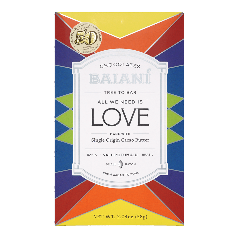 Baiani All We Need Is Love white rice crispies chocolates box with rainbow geometric pattern