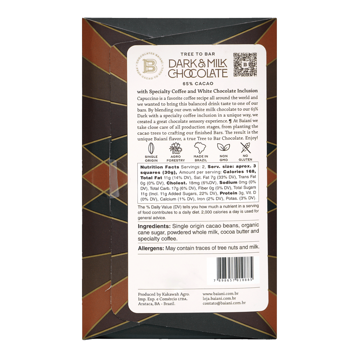 Baiani Brazilian Cappuccino Chocolate 65% dark bar with tree to bar wrapper