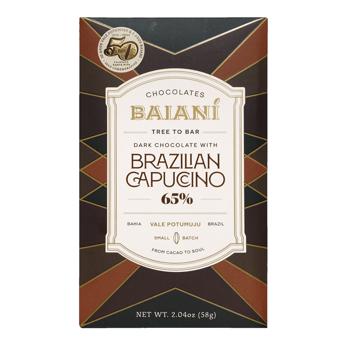 Baiani Brazilian Cappuccino 65% dark chocolate bar in elegant gold geometric wrapper