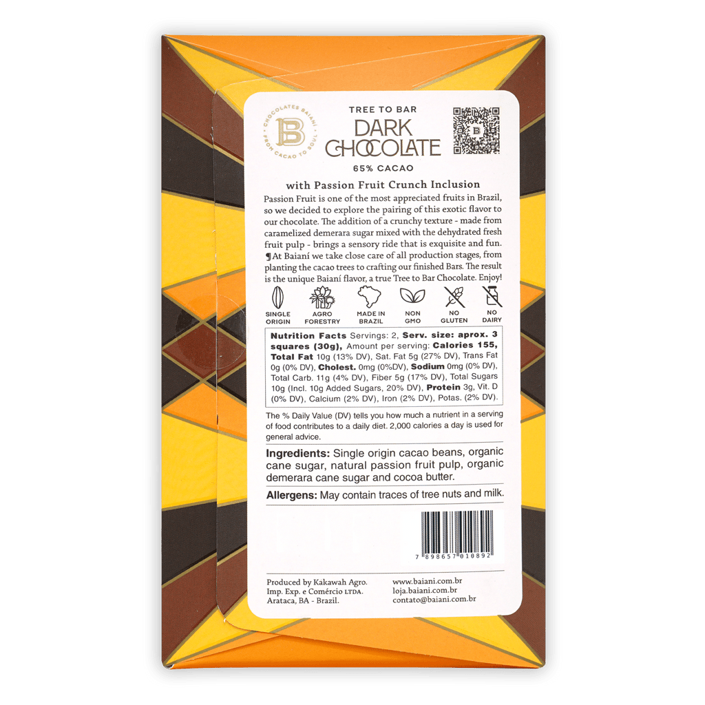 Back of Baiani Dark w/ Passionfruit Crunch 65% chocolate bar in orange brown wrapper
