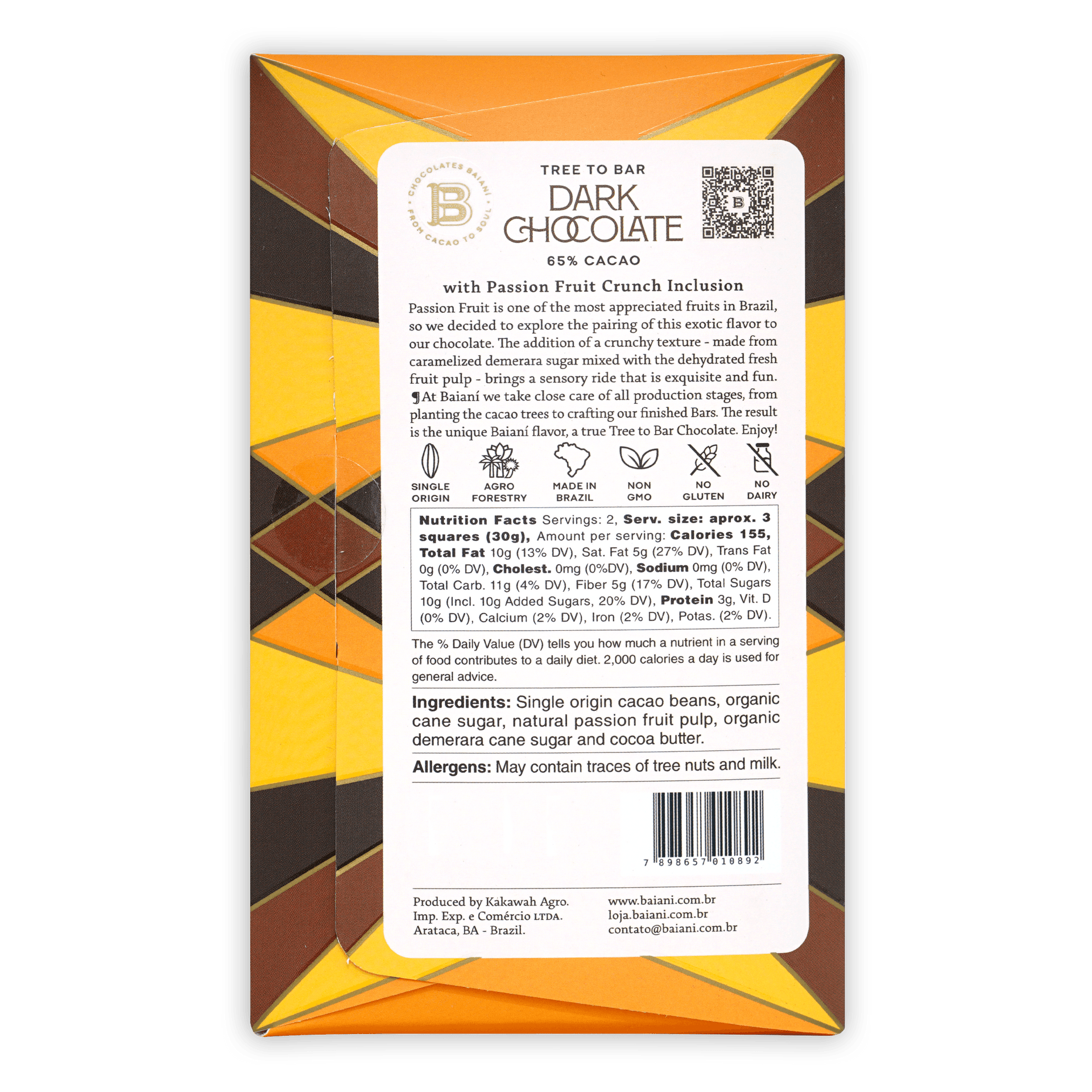 Back of Baiani Dark w/ Passionfruit Crunch 65% chocolate bar in orange brown wrapper
