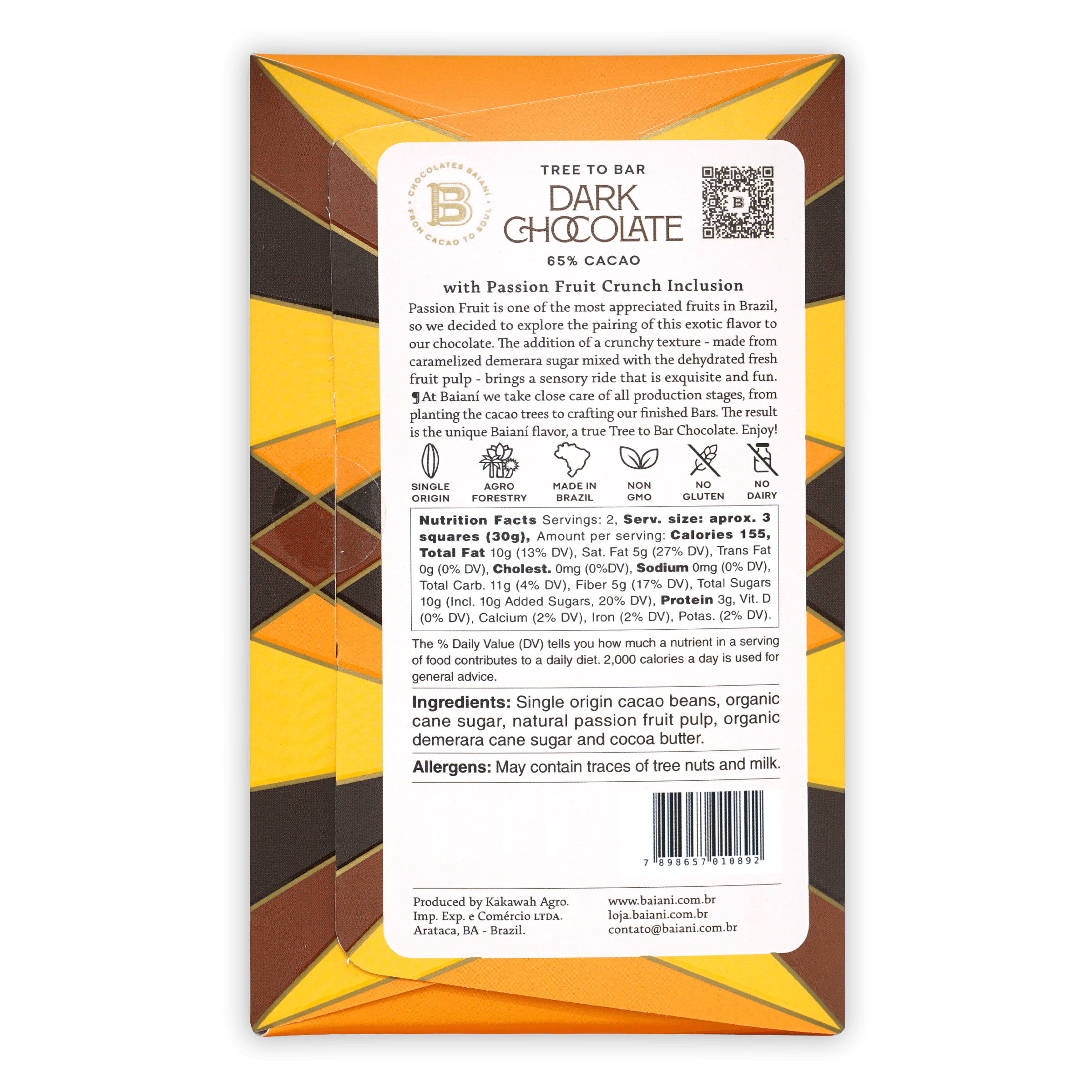 Back of Baiani Dark w/ Passionfruit Crunch 65% chocolate bar in orange brown wrapper