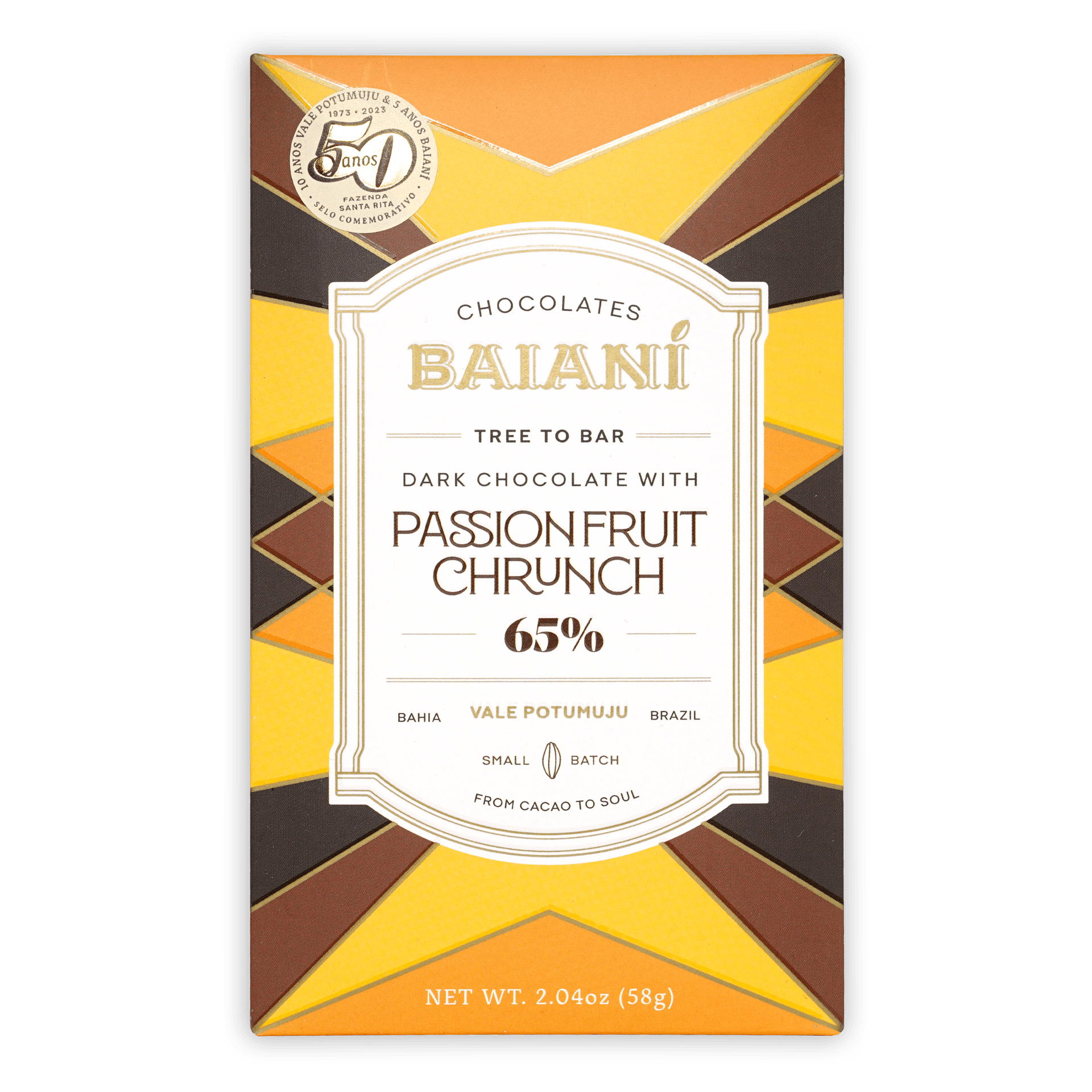 Baiani Dark w/ Passionfruit Crunch 65% chocolate bar wrapper