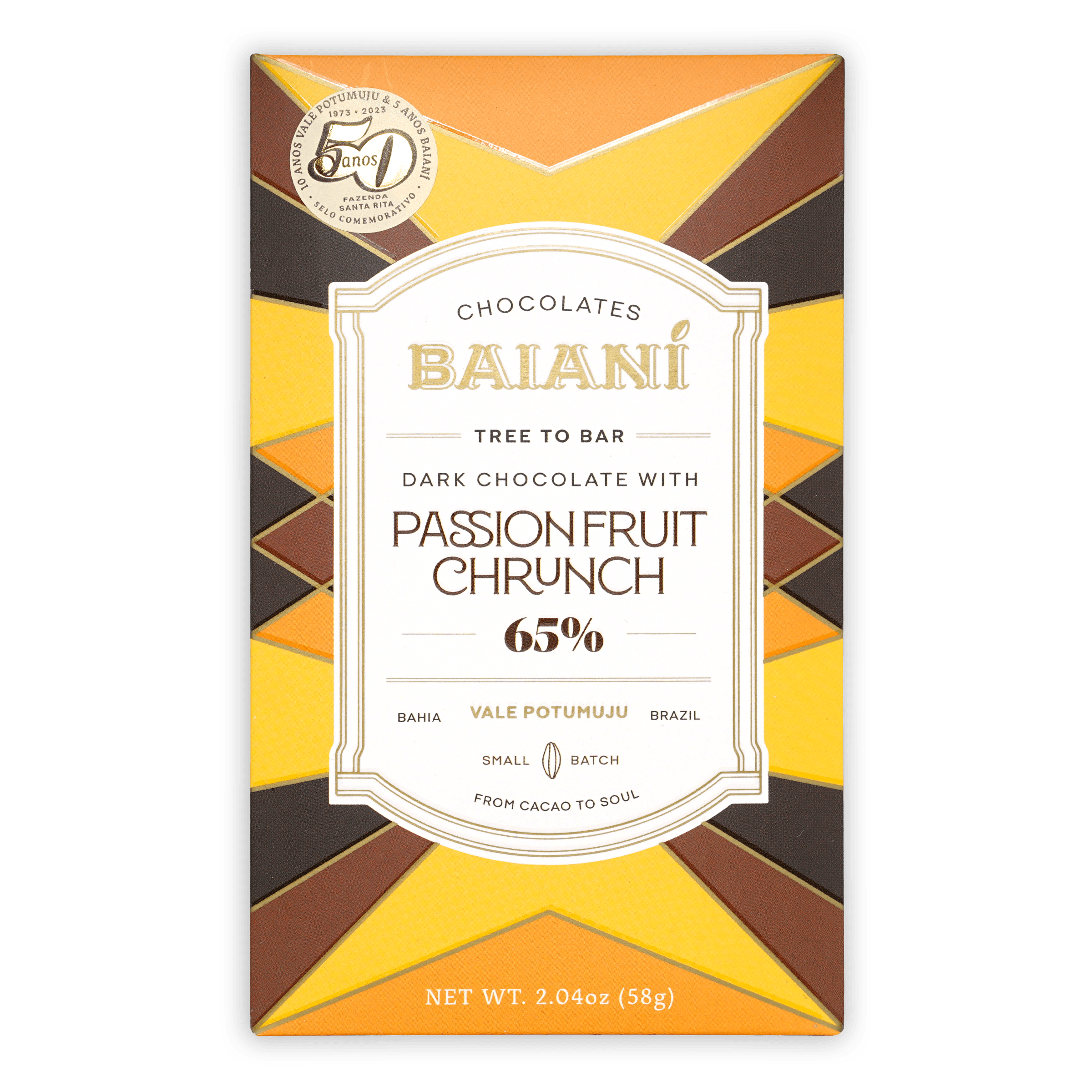 Baiani Dark w/ Passionfruit Crunch 65% chocolate bar wrapper