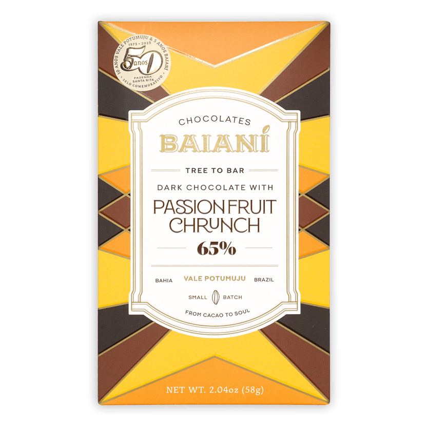 Baiani Dark w/ Passionfruit Crunch 65% chocolate bar wrapper