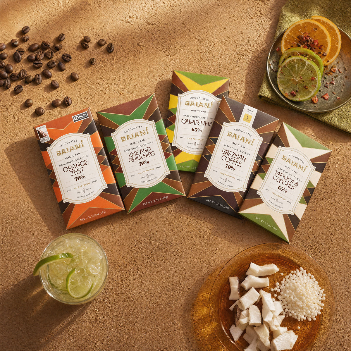 Baianí bars with cacao beans, citrus and coconut.