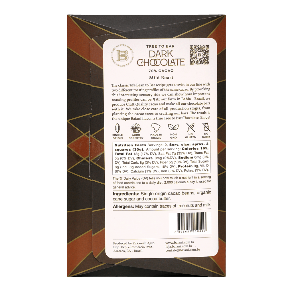 Baiani Mild Roast Trinitario 70% dark chocolate bar in sleek gold-black box