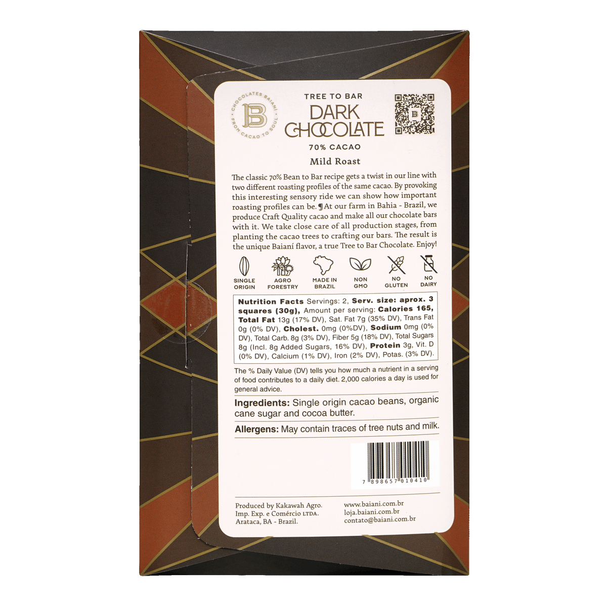 Baiani Mild Roast Trinitario 70% dark chocolate bar in sleek gold-black box