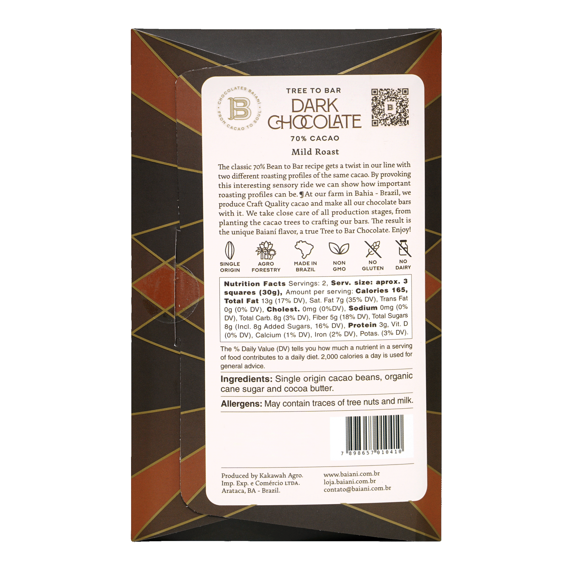 Baiani Mild Roast Trinitario 70% dark chocolate bar in sleek gold-black box
