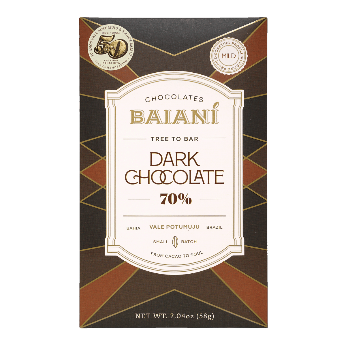 Baiani Mild Roast Trinitario 70% dark chocolate bar in black gold wrapper