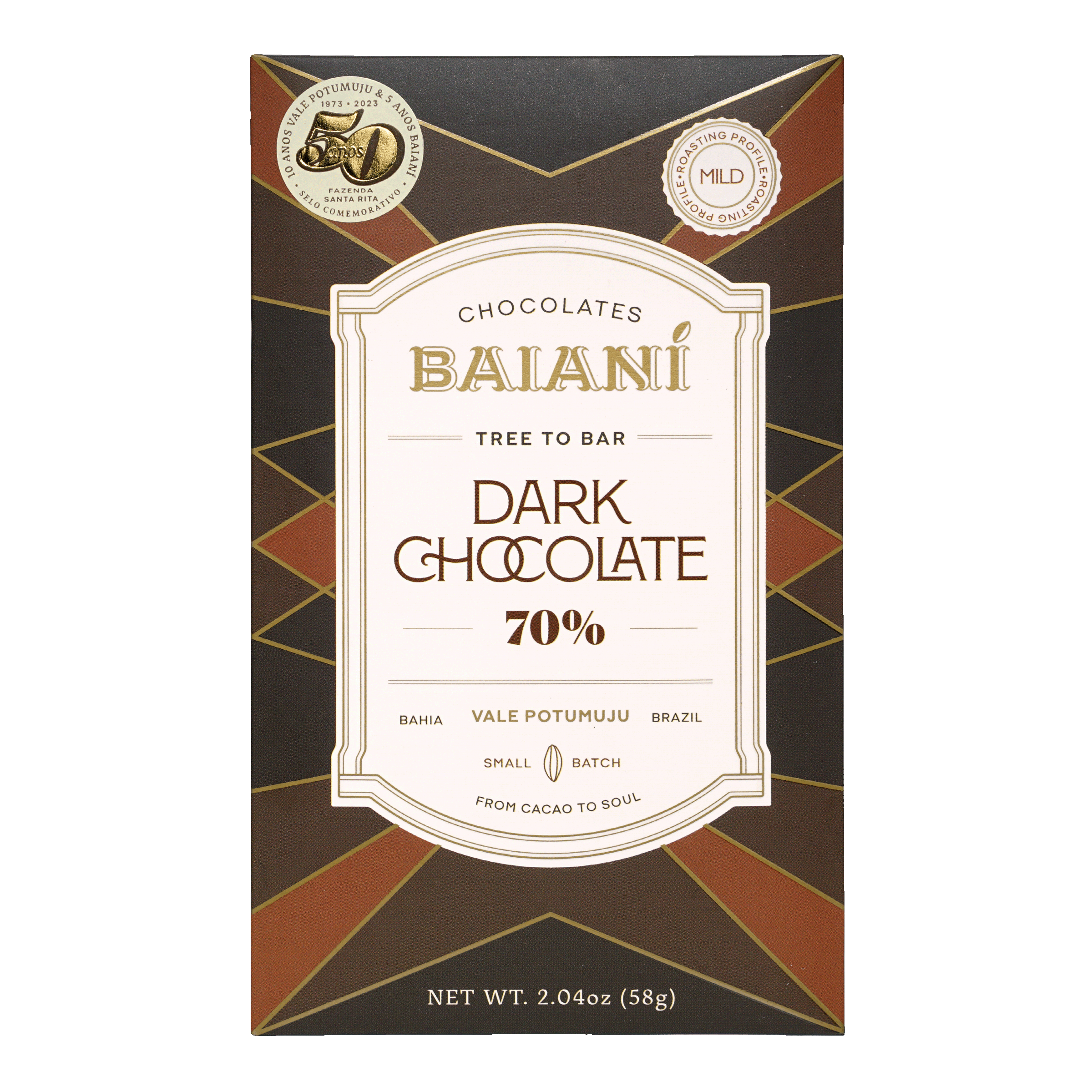 Baiani Mild Roast Trinitario 70% dark chocolate bar in black gold wrapper