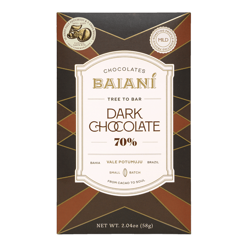Baiani Mild Roast Trinitario 70% dark chocolate bar in black gold wrapper