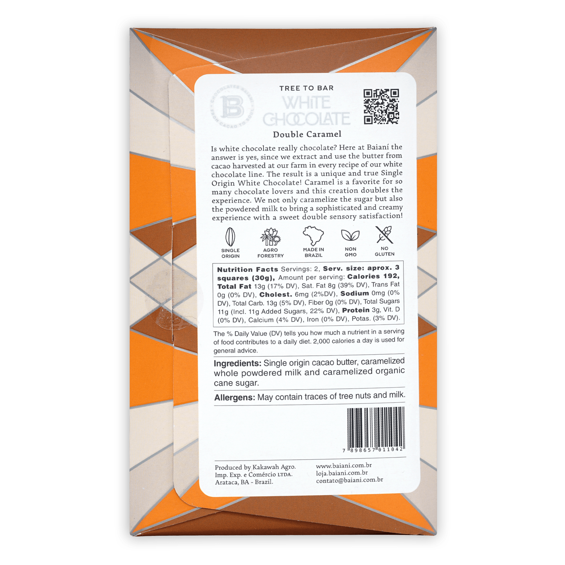 Baiani White Chocolate Double Caramel bar in orange white geometric wrapper