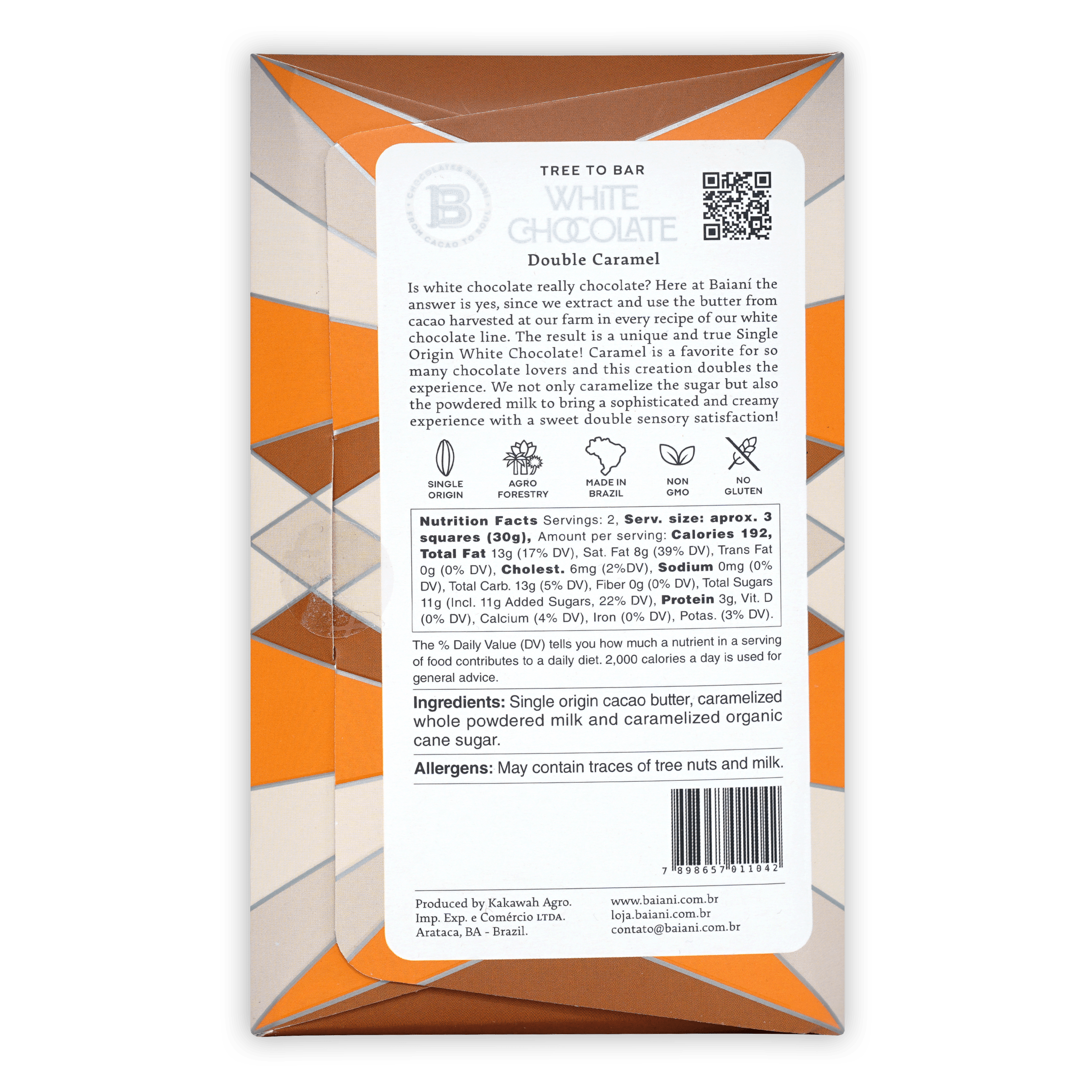Baiani White Chocolate Double Caramel bar in orange white geometric wrapper