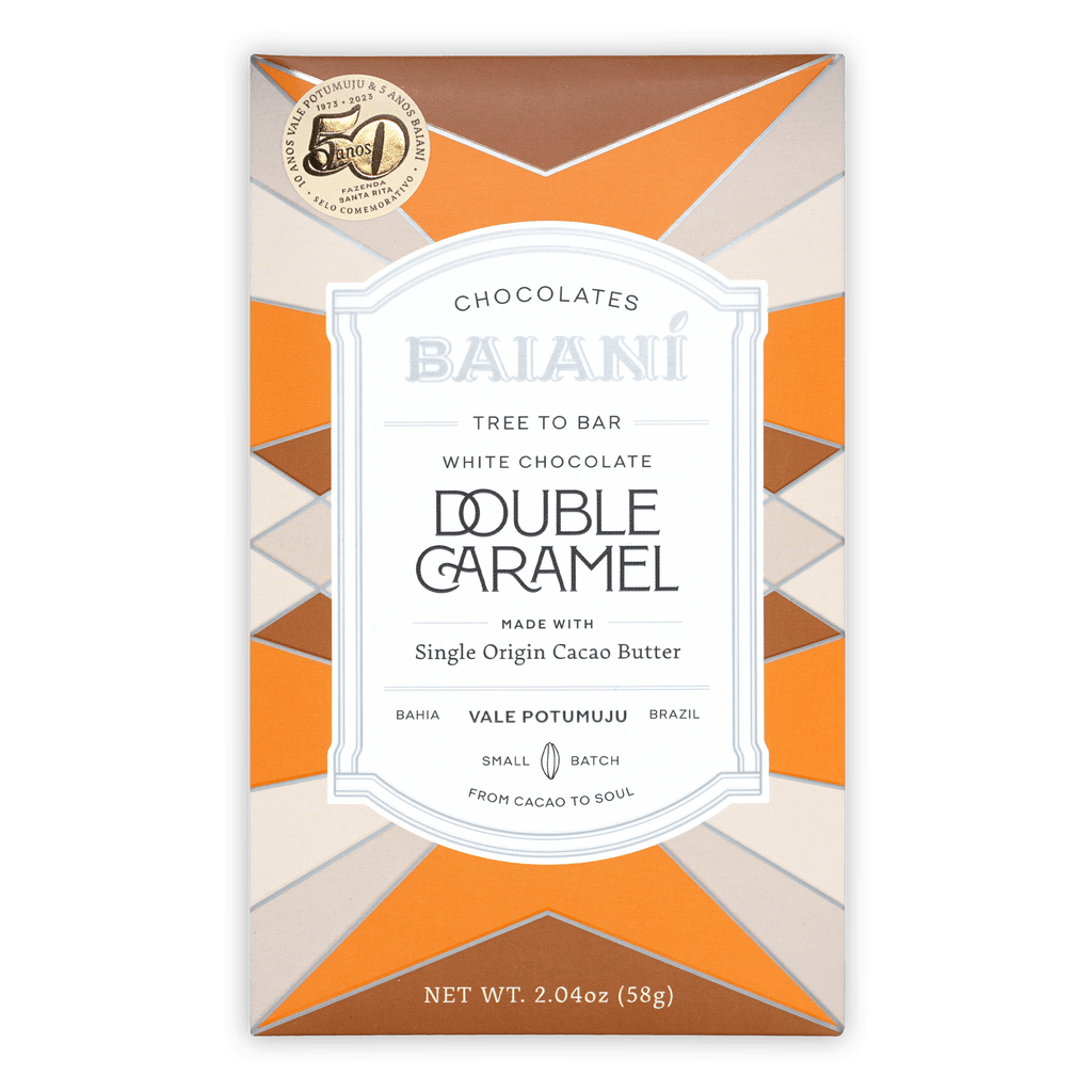 Baiani White Chocolate Double Caramel box with geometric orange cream patterns